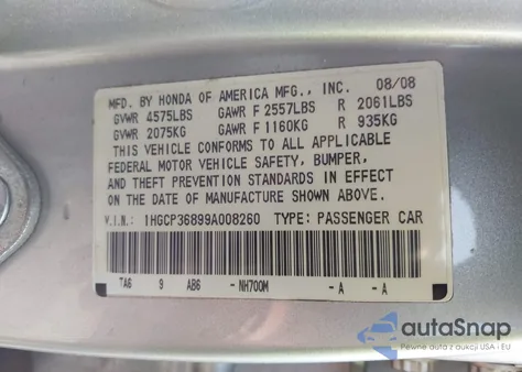 2009 Honda Accord 3.5 Ex-L z USA, uszkodzony, nr VIN 1HGCP36899A008260